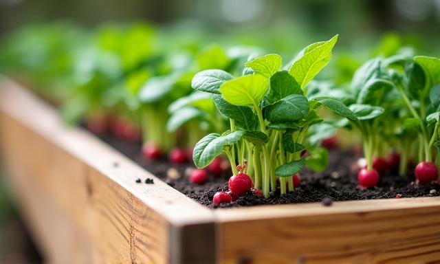 Ein modernes Hochbeet aus Holz mit frischem Gemüse